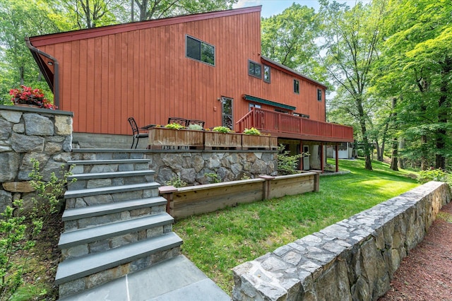 35 David Rd, Somers, NY 10589 - rear view of property with a lawn, a deck, and stairs