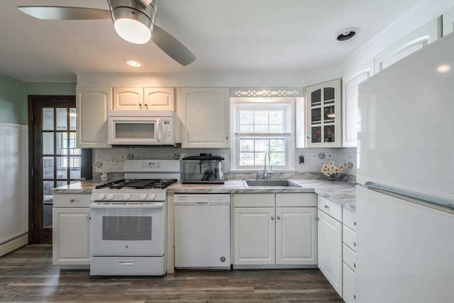 12 Dwyer Ln, Wappingers Falls, NY 12590 - kitchen with white appliances, white cabinetry, dark wood-style flooring, glass insert cabinets, and recessed lighting