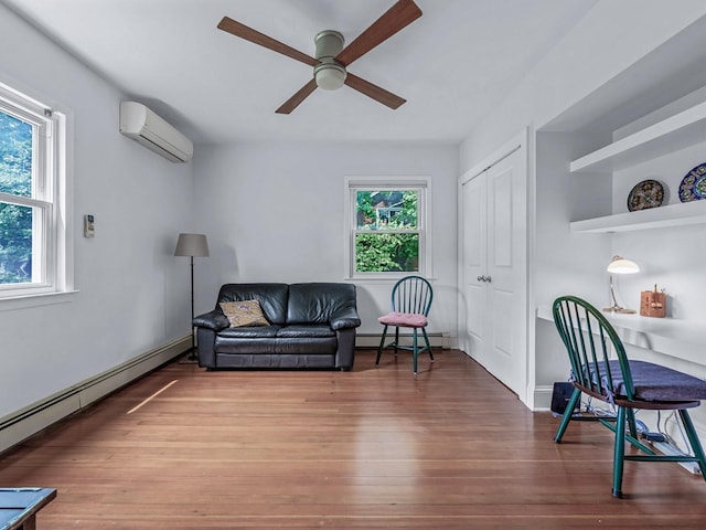 20 Fairmount Blvd, Garden City, NY 11530 - sitting room with an AC wall unit, a baseboard heating unit, wood finished floors, and a ceiling fan
