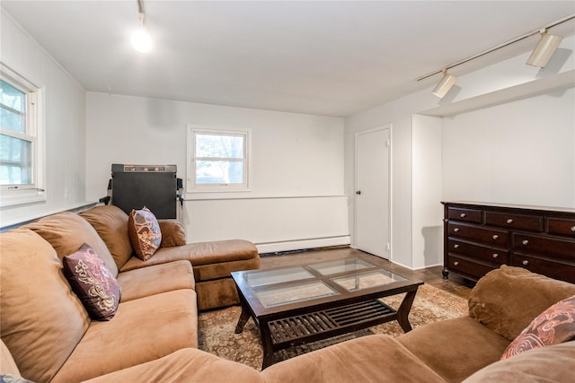 9 Westlyn Dr, Bardonia, NY 10954 - living room featuring rail lighting, baseboard heating, and wood finished floors