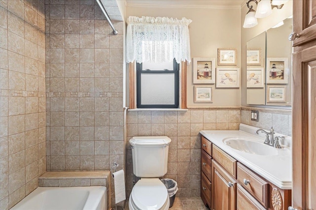 163-50 25th Dr, Flushing, NY 11358 - full bathroom with ornamental molding, vanity, bathtub / shower combination, and tile walls