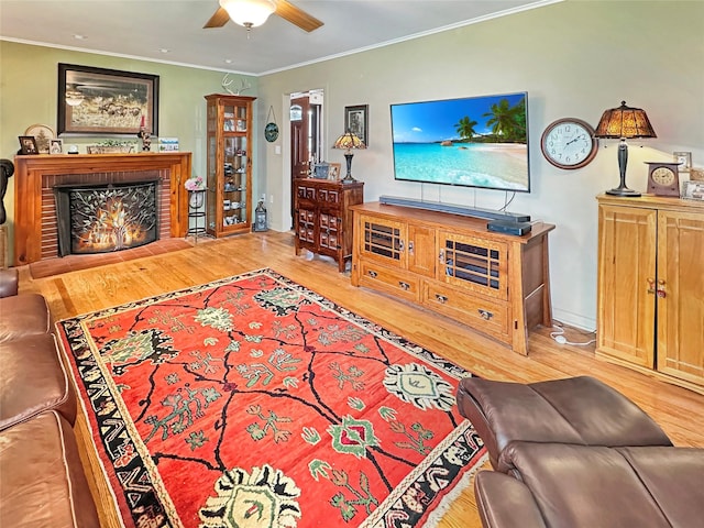 222 Beechwood Ave, Poughkeepsie, NY 12601 - living room with light wood-style floors, a ceiling fan, a fireplace, and ornamental molding