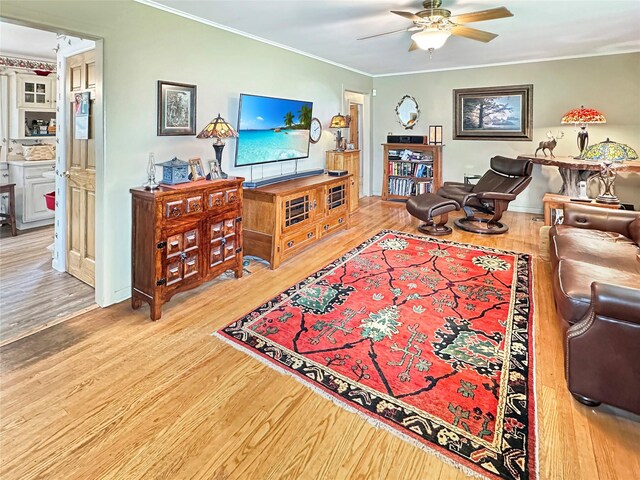 222 Beechwood Ave, Poughkeepsie, NY 12601 - living area featuring a ceiling fan, wood finished floors, and crown molding