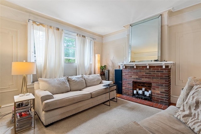 4204 64th St, Woodside, NY 11377 - living room featuring a fireplace, crown molding, and carpet floors