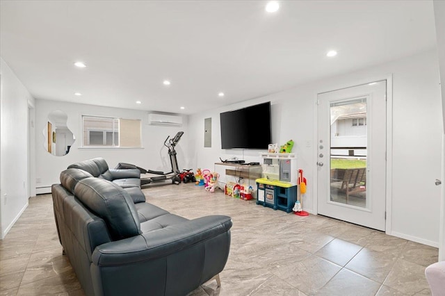 740 Eagle Dr, North Woodmere, NY 11581 - living area featuring a wall mounted air conditioner, recessed lighting, baseboard heating, and electric panel