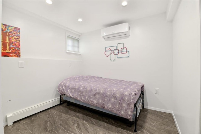 740 Eagle Dr, North Woodmere, NY 11581 - bedroom with baseboard heating, an AC wall unit, and recessed lighting