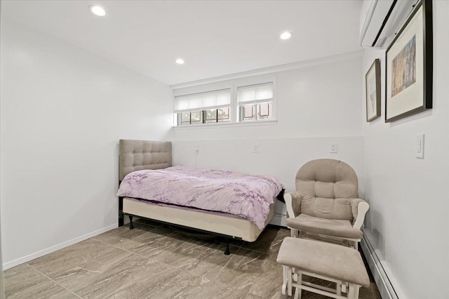 740 Eagle Dr, North Woodmere, NY 11581 - bedroom with an AC wall unit, baseboard heating, recessed lighting, and marble look tiles