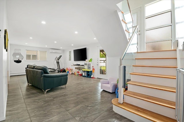 740 Eagle Dr, North Woodmere, NY 11581 - living area with an AC wall unit, stairway, recessed lighting, and a baseboard heating unit
