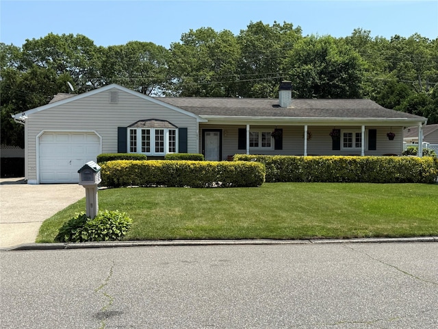 91 Bellwood Ave, South Setauket, NY 11720 - single story home featuring an attached garage, a front lawn, a chimney, and concrete driveway
