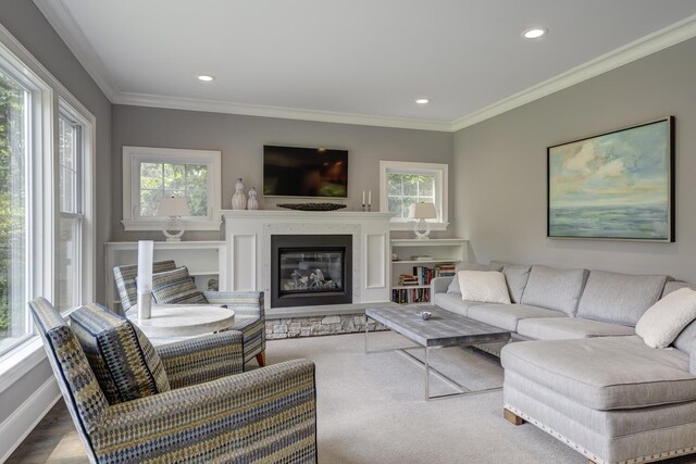 28 Weir Ln, Locust Valley, NY 11560 - living room with recessed lighting, a glass covered fireplace, and crown molding