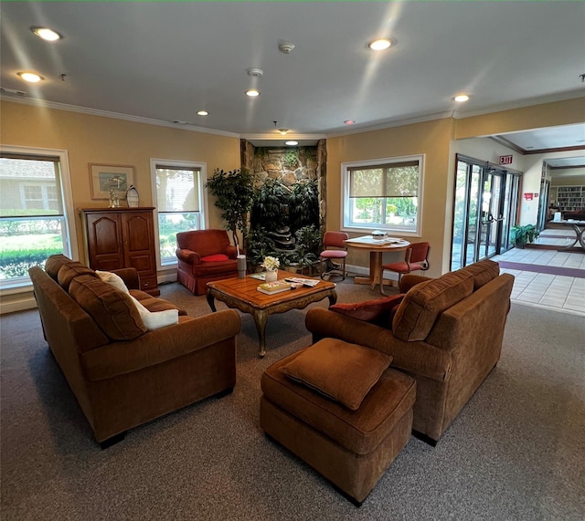 60 Revere Dr, Sayville, NY 11782 - living room featuring crown molding, recessed lighting, and carpet