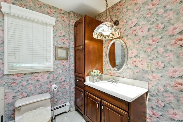2005 Westview Dr, Mattituck, NY 11952 - bathroom with a baseboard heating unit, vanity, tile patterned flooring, and wallpapered walls