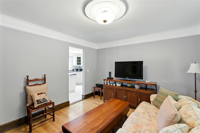 2005 Westview Dr, Mattituck, NY 11952 - living room featuring light wood-type flooring and crown molding