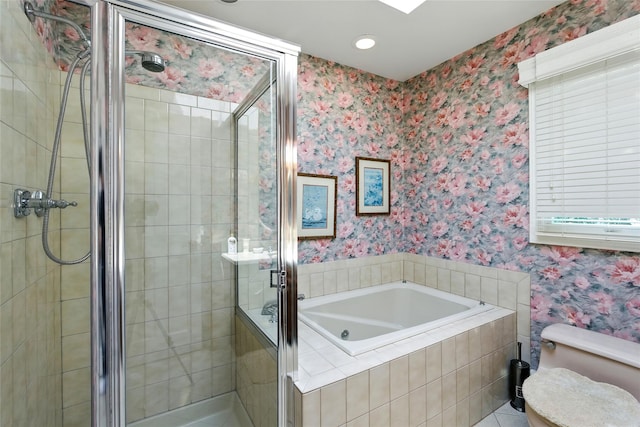 2005 Westview Dr, Mattituck, NY 11952 - full bathroom featuring wallpapered walls, a jetted tub, a stall shower, and recessed lighting