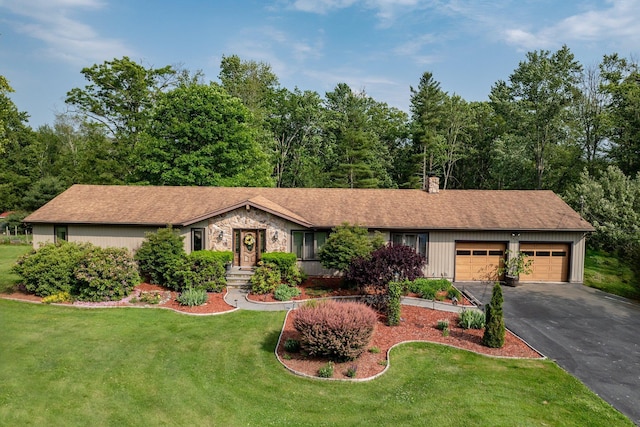 193 Dill Rd, Forestburgh, NY 12777 - single story home featuring an attached garage, asphalt driveway, a front lawn, a chimney, and stone siding