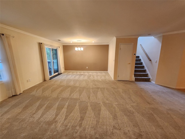 12 Grouse Path, Coram, NY 11727 - unfurnished living room featuring light carpet, stairs, and crown molding