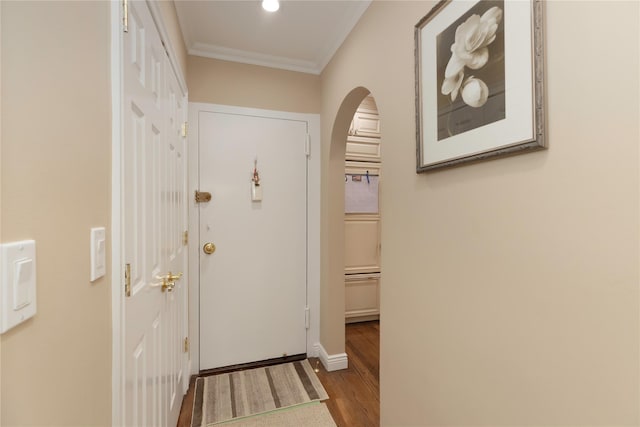 18 Channing Pl Unit 2R, Eastchester, NY 10709 - entryway with arched walkways, crown molding, and dark wood-type flooring