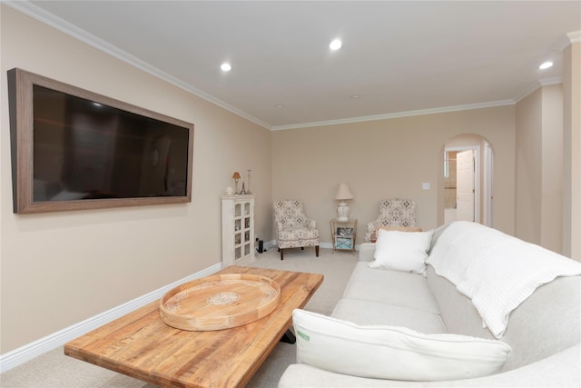 18 Channing Pl Unit 2R, Eastchester, NY 10709 - living room featuring arched walkways, carpet, ornamental molding, and recessed lighting
