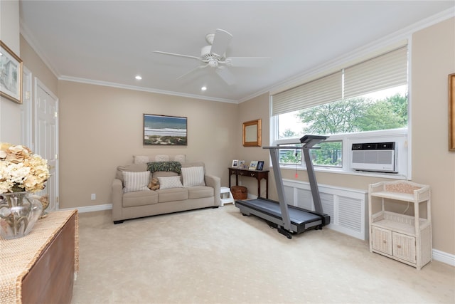 18 Channing Pl Unit 2R, Eastchester, NY 10709 - living room featuring cooling unit, ornamental molding, light colored carpet, recessed lighting, and ceiling fan