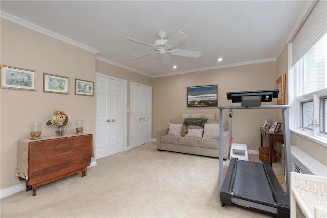 18 Channing Pl Unit 2R, Eastchester, NY 10709 - living area with ceiling fan, recessed lighting, light carpet, and crown molding