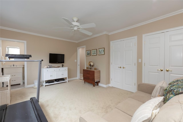 18 Channing Pl Unit 2R, Eastchester, NY 10709 - living room with light colored carpet, a ceiling fan, and crown molding