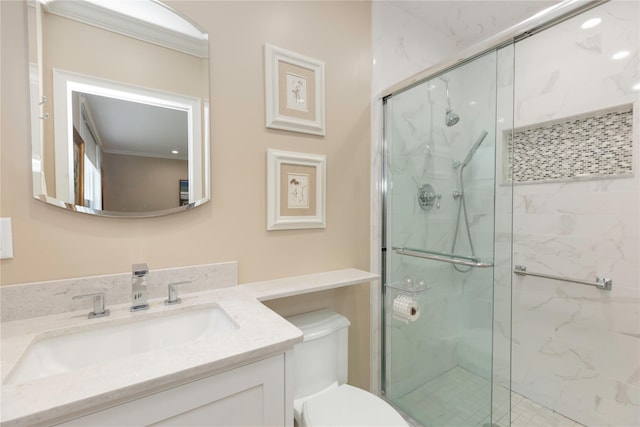 18 Channing Pl Unit 2R, Eastchester, NY 10709 - bathroom featuring vanity, a marble finish shower, and crown molding