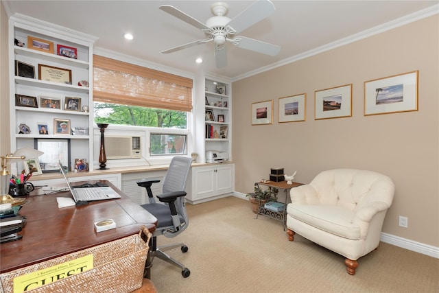 18 Channing Pl Unit 2R, Eastchester, NY 10709 - office area with light carpet, ceiling fan, crown molding, recessed lighting, and built in features