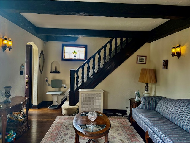 163-49 16th Ave, Whitestone, NY 11357 - living room with beamed ceiling, wood finished floors, arched walkways, and stairs