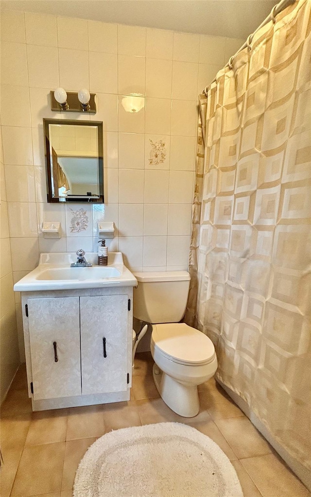 163-49 16th Ave, Whitestone, NY 11357 - full bathroom with tile walls, vanity, tile patterned floors, and a shower with shower curtain