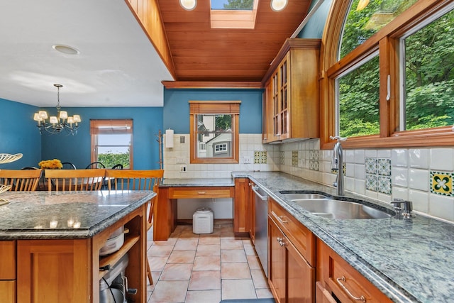 100 Norman Rd, New Rochelle, NY 10804 - kitchen with brown cabinets, backsplash, a chandelier, dark stone countertops, and stainless steel dishwasher