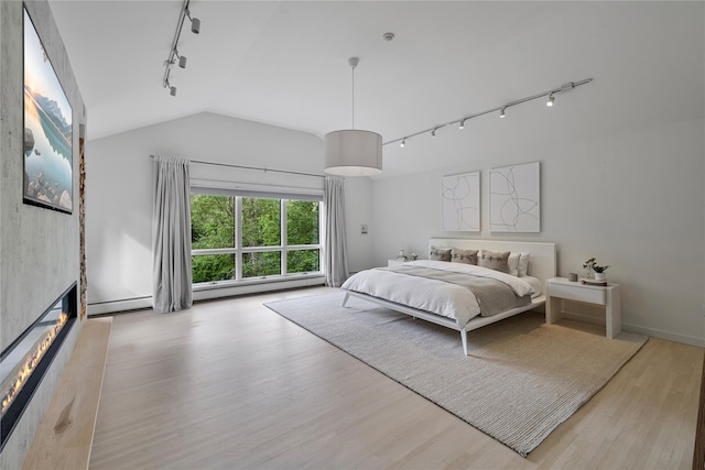 12 Zeck Ct, Suffern, NY 10901 - bedroom with rail lighting, vaulted ceiling, wood finished floors, a large fireplace, and a baseboard heating unit