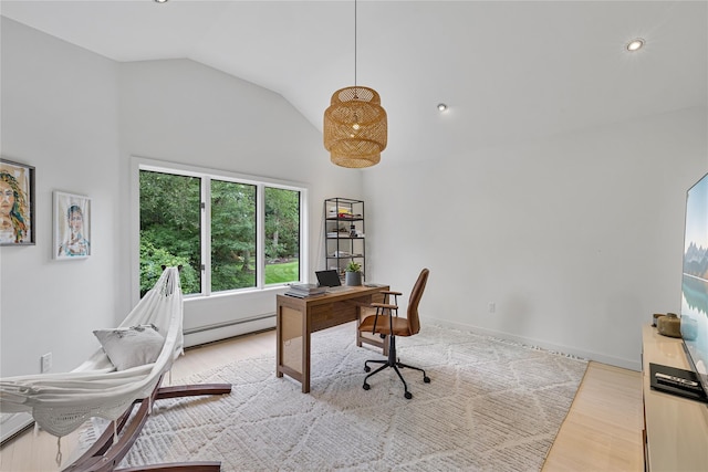 12 Zeck Ct, Suffern, NY 10901 - office space featuring a baseboard heating unit, vaulted ceiling, light wood-style floors, and recessed lighting