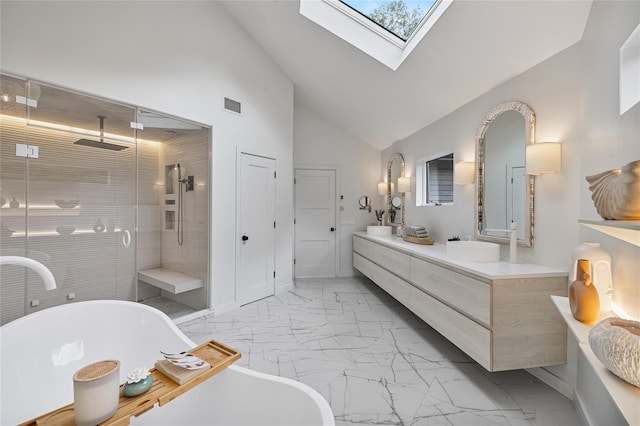 12 Zeck Ct, Suffern, NY 10901 - bathroom featuring marble look tile flooring, double vanity, a stall shower, a freestanding tub, and a skylight