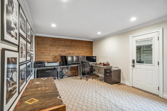 10 Pond View Ct Unit 10, Jericho, NY 11753 - carpeted office space featuring wood walls, ornamental molding, and recessed lighting