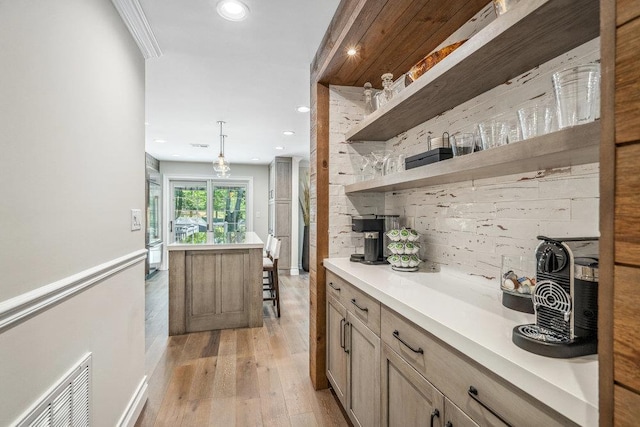 10 Pond View Ct Unit 10, Jericho, NY 11753 - bar featuring light wood-style flooring, recessed lighting, backsplash, and decorative light fixtures
