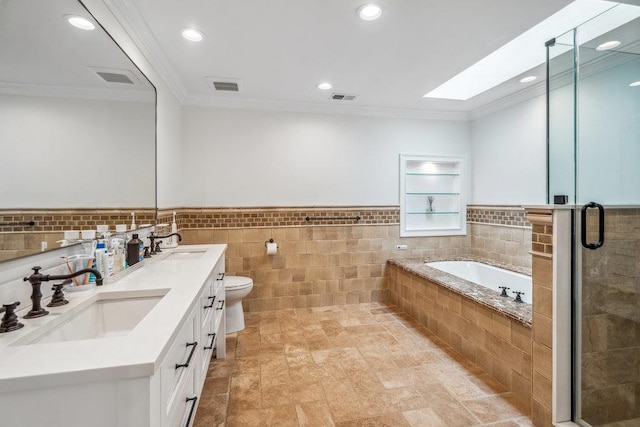 10 Pond View Ct Unit 10, Jericho, NY 11753 - full bath with a garden tub, double vanity, crown molding, a stall shower, and recessed lighting
