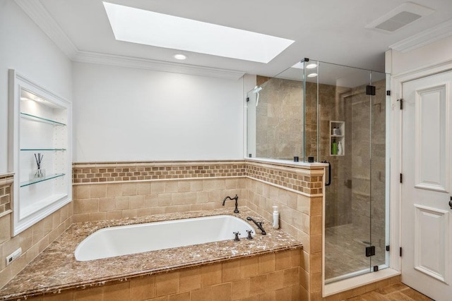 10 Pond View Ct Unit 10, Jericho, NY 11753 - bathroom with a skylight, a garden tub, a stall shower, crown molding, and recessed lighting