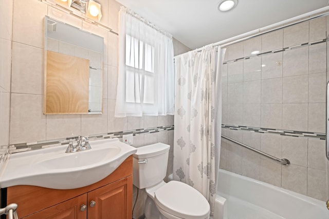 66-13 73rd Pl, Middle Village, NY 11379 - full bath featuring vanity, shower / bath combo with shower curtain, tile walls, and tasteful backsplash