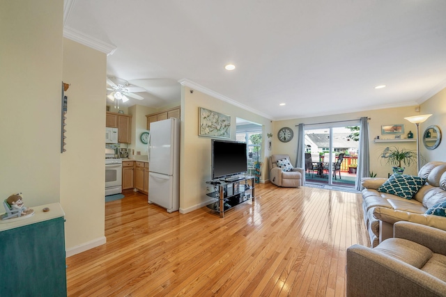 903 Constance Ln, Port Jefferson Station, NY 11776 - living area featuring ornamental molding, light wood-style flooring, ceiling fan, and recessed lighting