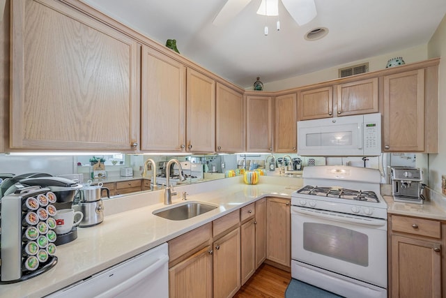 903 Constance Ln, Port Jefferson Station, NY 11776 - kitchen featuring white appliances, light countertops, ceiling fan, and light wood-style floors