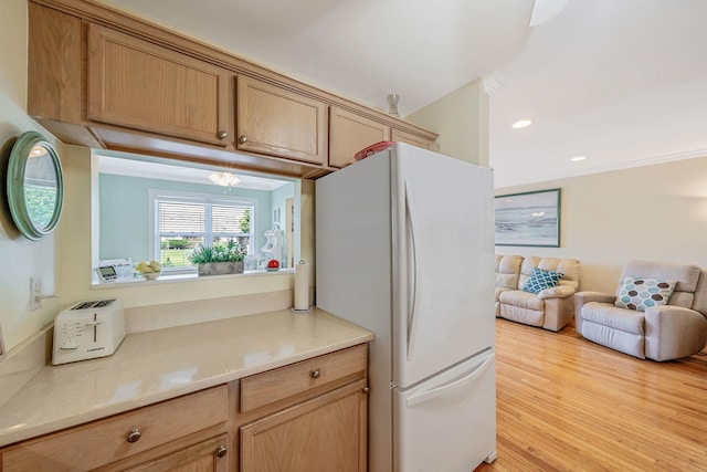 903 Constance Ln, Port Jefferson Station, NY 11776 - kitchen featuring freestanding refrigerator, light countertops, open floor plan, light wood-style floors, and recessed lighting