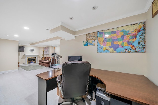 903 Constance Ln, Port Jefferson Station, NY 11776 - office area featuring crown molding, a fireplace, and recessed lighting