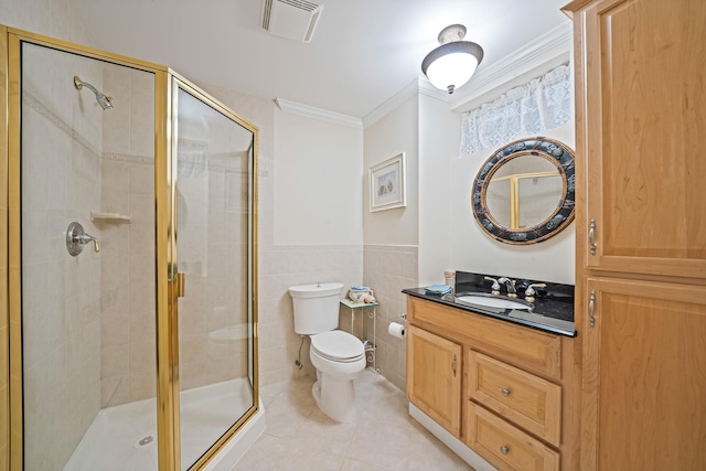 903 Constance Ln, Port Jefferson Station, NY 11776 - bathroom with crown molding, a stall shower, vanity, tile patterned floors, and tile walls