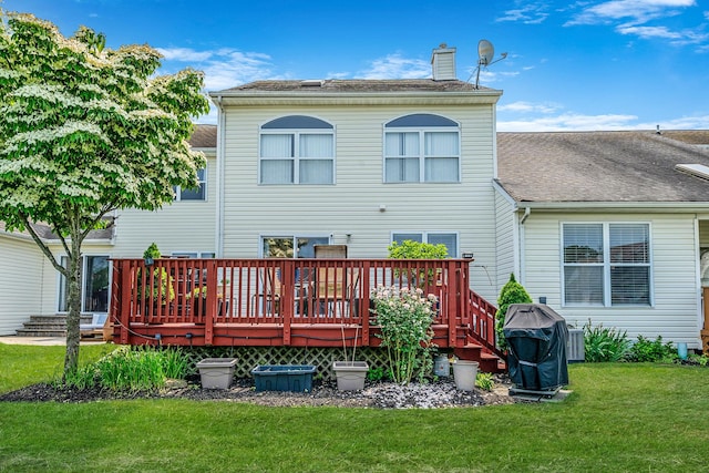903 Constance Ln, Port Jefferson Station, NY 11776 - back of house featuring a yard, a chimney, a wooden deck, and roof with shingles