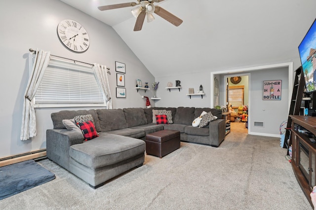13 Sunset Dr, Centereach, NY 11720 - living room with a baseboard radiator, a ceiling fan, carpet floors, and lofted ceiling