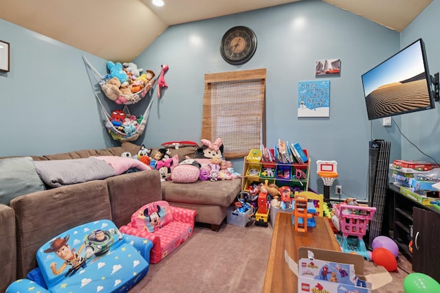 13 Sunset Dr, Centereach, NY 11720 - game room with lofted ceiling and carpet