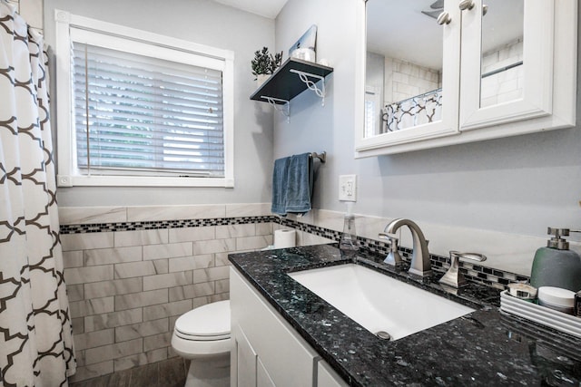 13 Sunset Dr, Centereach, NY 11720 - bathroom with tile walls, vanity, wainscoting, and curtained shower