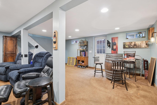 13 Sunset Dr, Centereach, NY 11720 - dining area with carpet, recessed lighting, stairway, and a dry bar