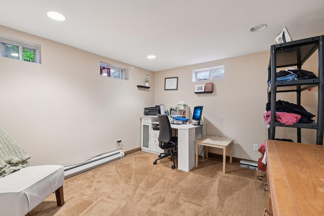 13 Sunset Dr, Centereach, NY 11720 - office with a baseboard heating unit, carpet flooring, and recessed lighting