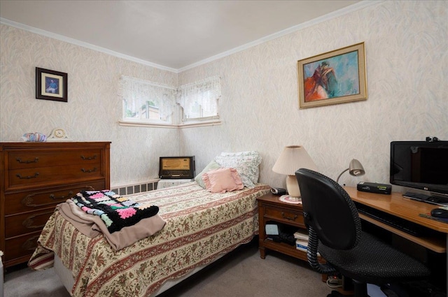 30 Nims Ave, West Babylon, NY 11704 - bedroom featuring carpet floors, crown molding, a desk, and wallpapered walls